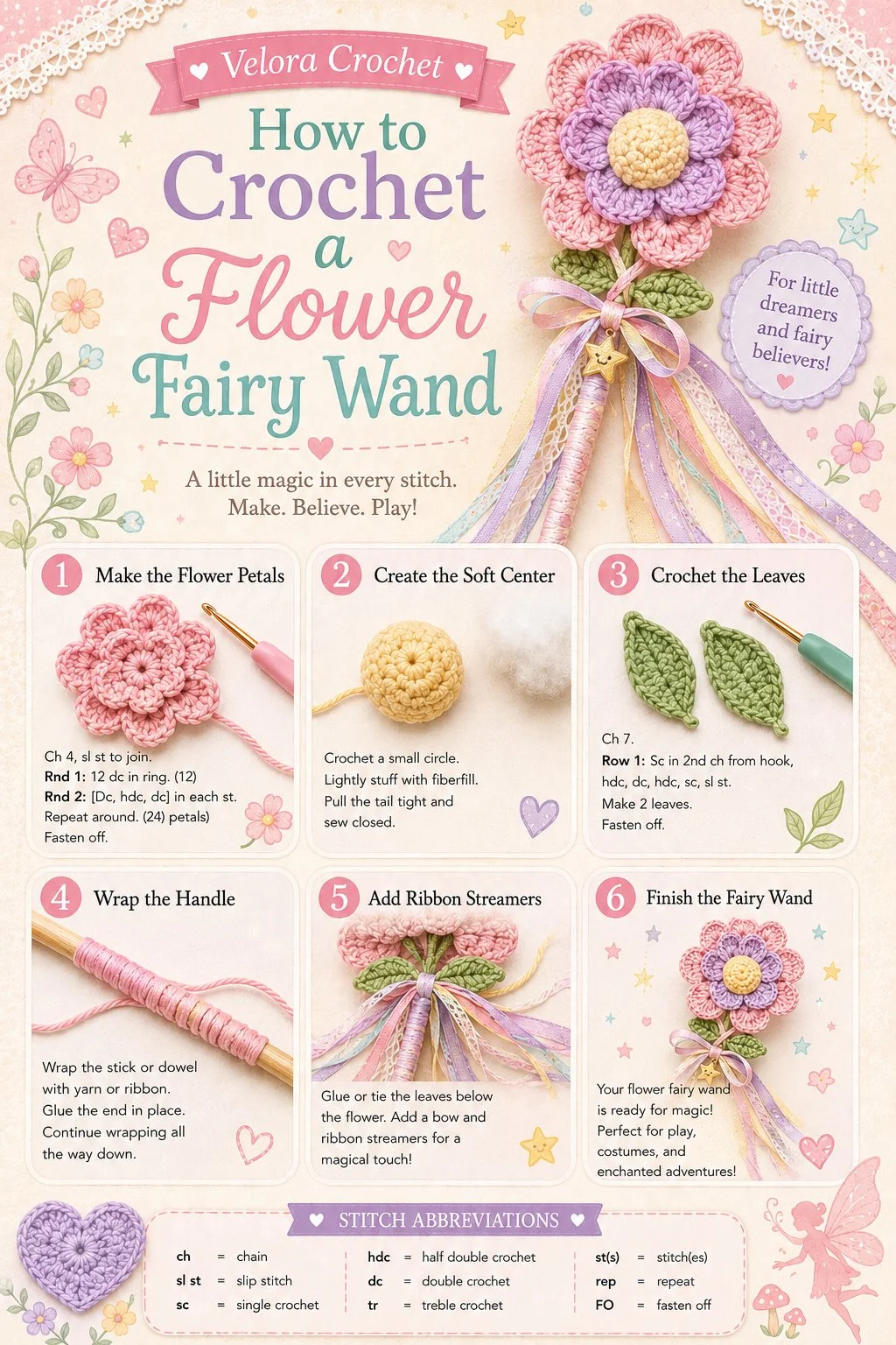 Crochet flower fairy wand pattern for kids' summer gifts