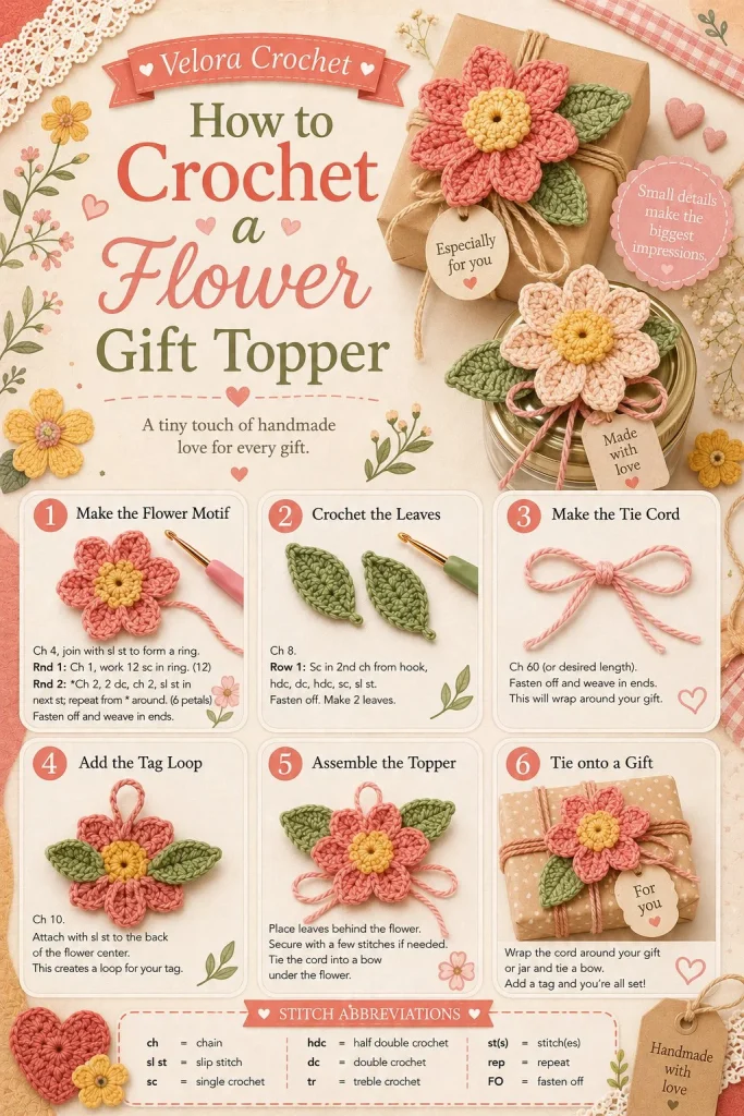 Crochet flower gift topper pattern for handmade packaging decoration