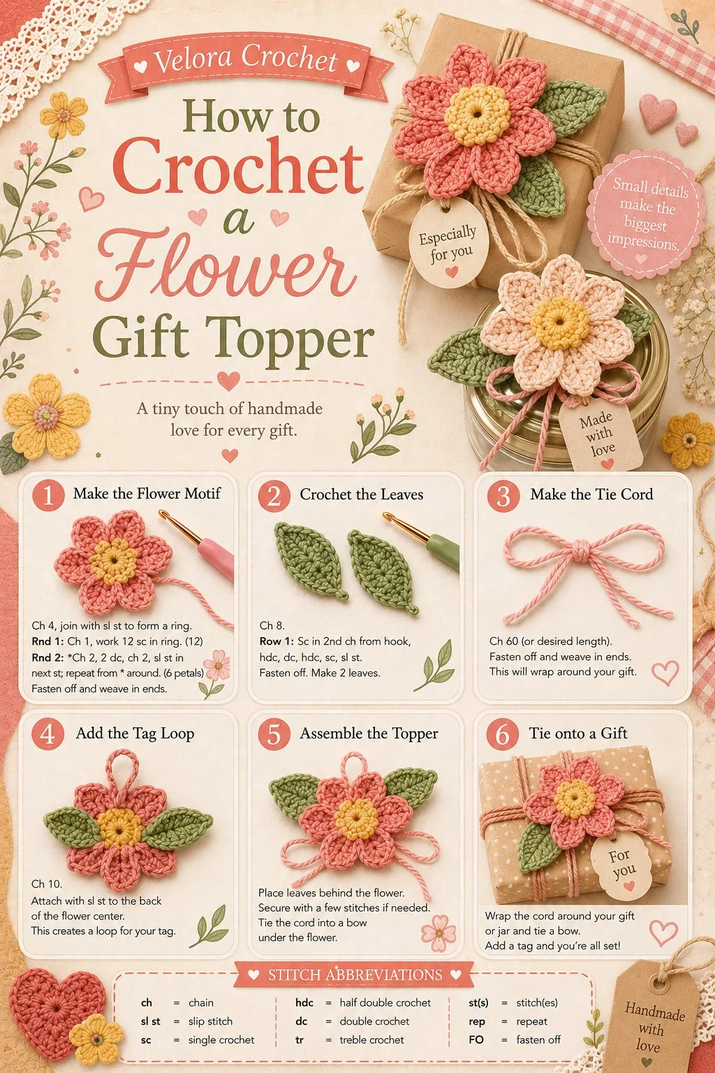 Crochet flower gift topper pattern for handmade packaging decoration