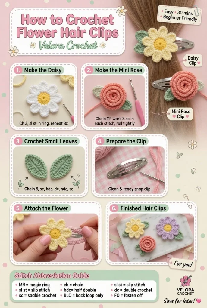 Crochet flower hair clip pattern with daisy and rose appliques for stylish accessories