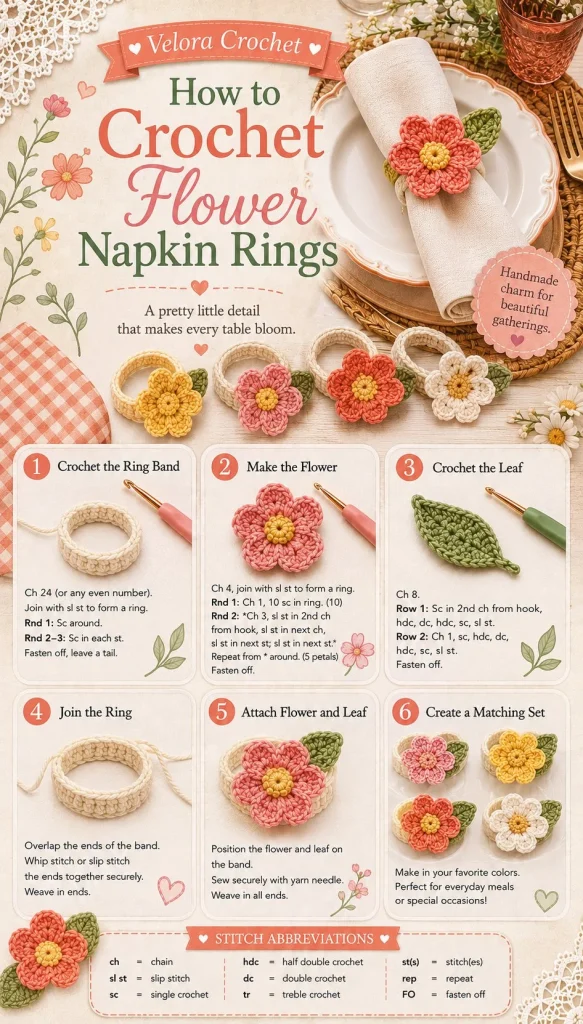 Crochet flower napkin ring pattern for summer table settings