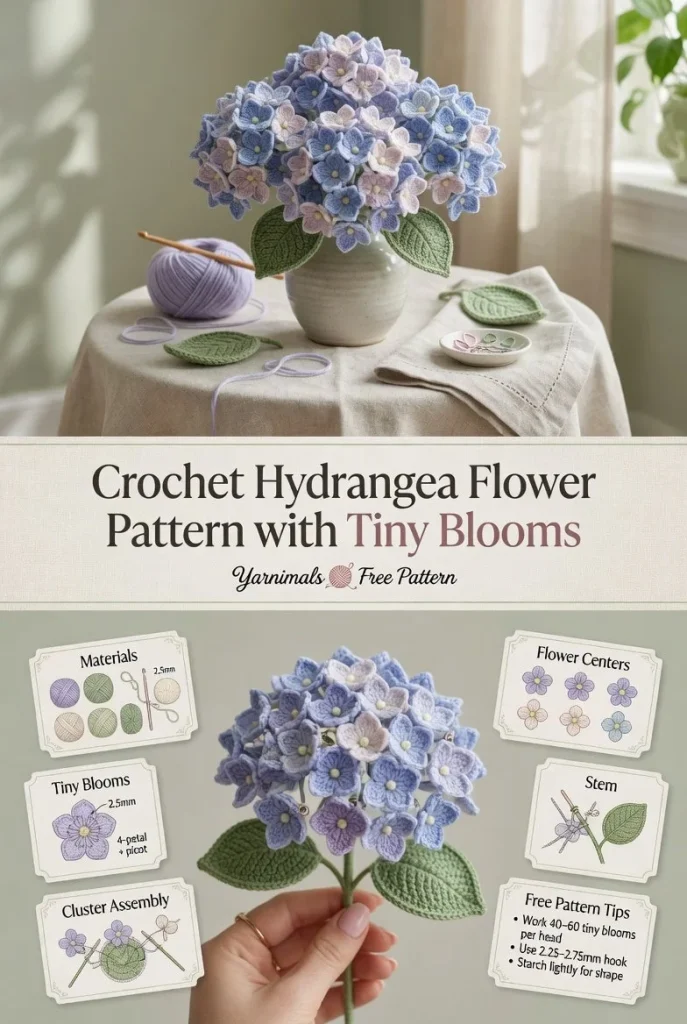 Crochet hydrangea flower pattern featuring small blooms for crafting