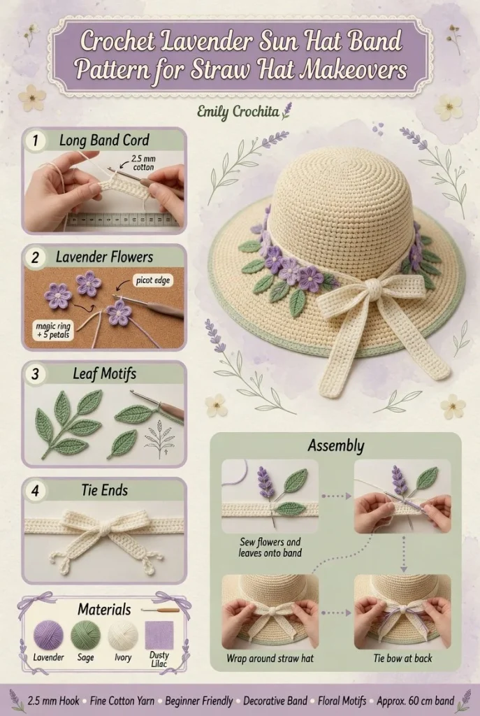 Crochet lavender sun hat band pattern for straw hat makeover