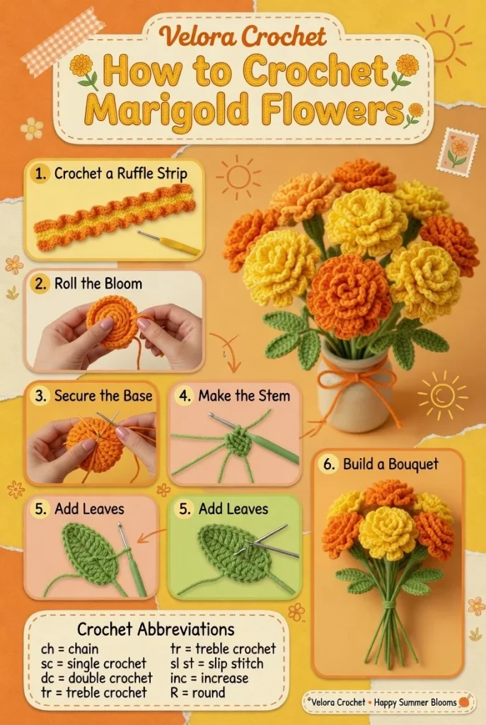 Crochet marigold flowers pattern showcasing bright summer colors.