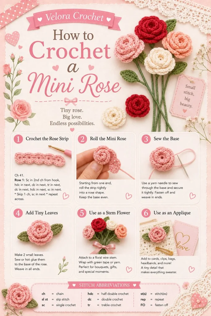 Crochet mini rose flower pattern used for bouquets and appliques