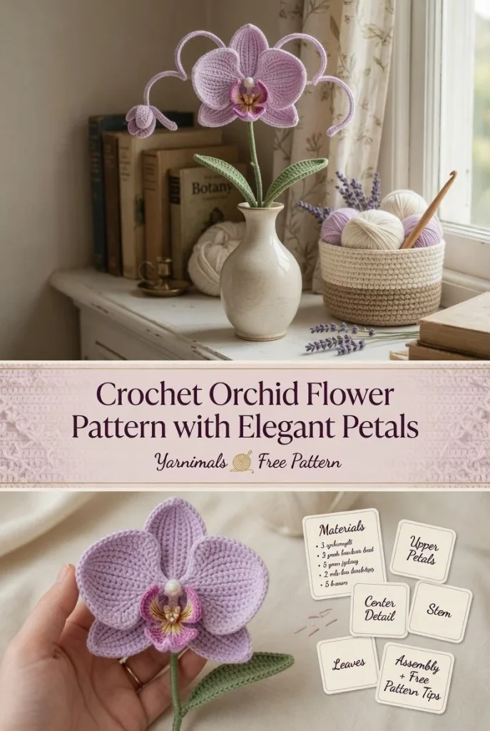 Crochet orchid flower pattern showcasing elegant petals and intricate design.