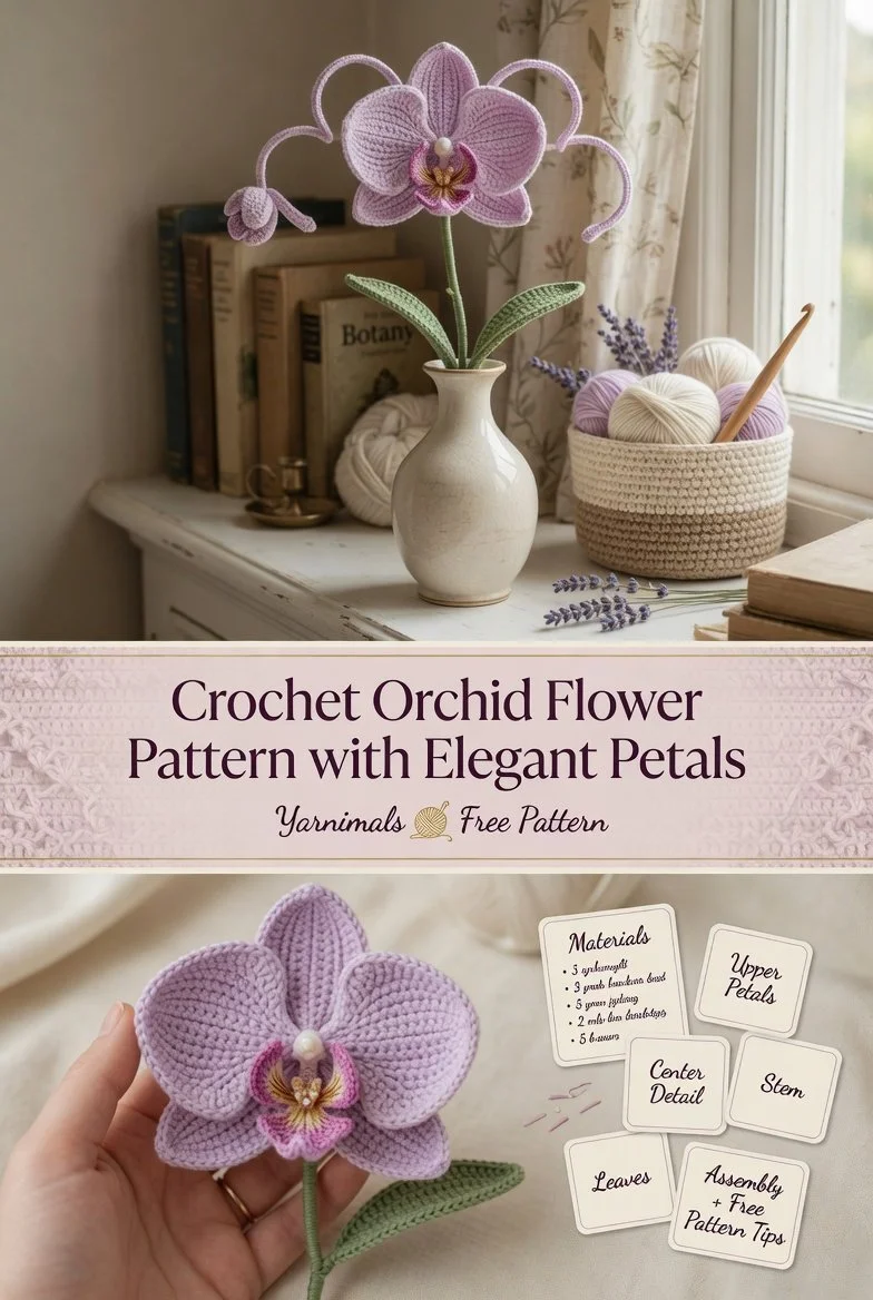 Crochet orchid flower pattern showcasing elegant petals and intricate design.