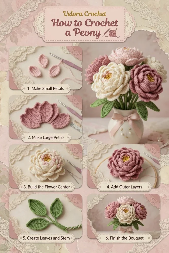 Crochet peony flower pattern for a luxurious handmade bouquet