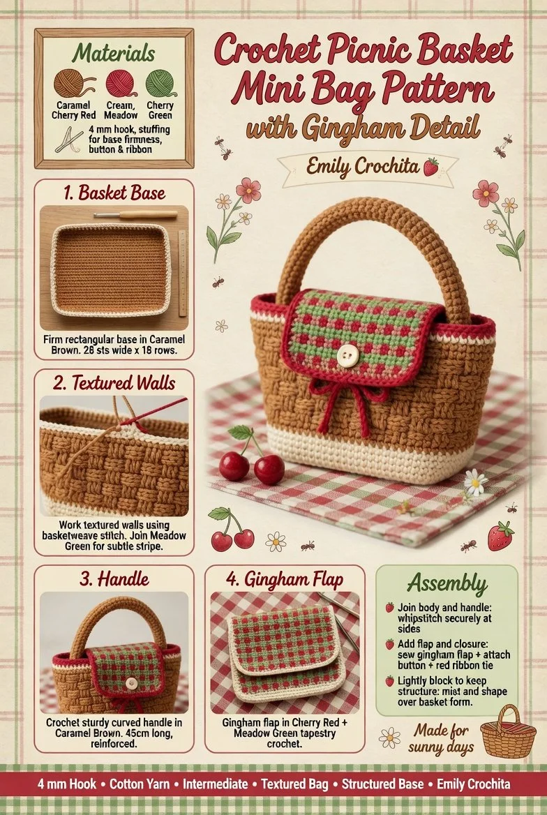Crochet picnic basket mini bag pattern with gingham lining