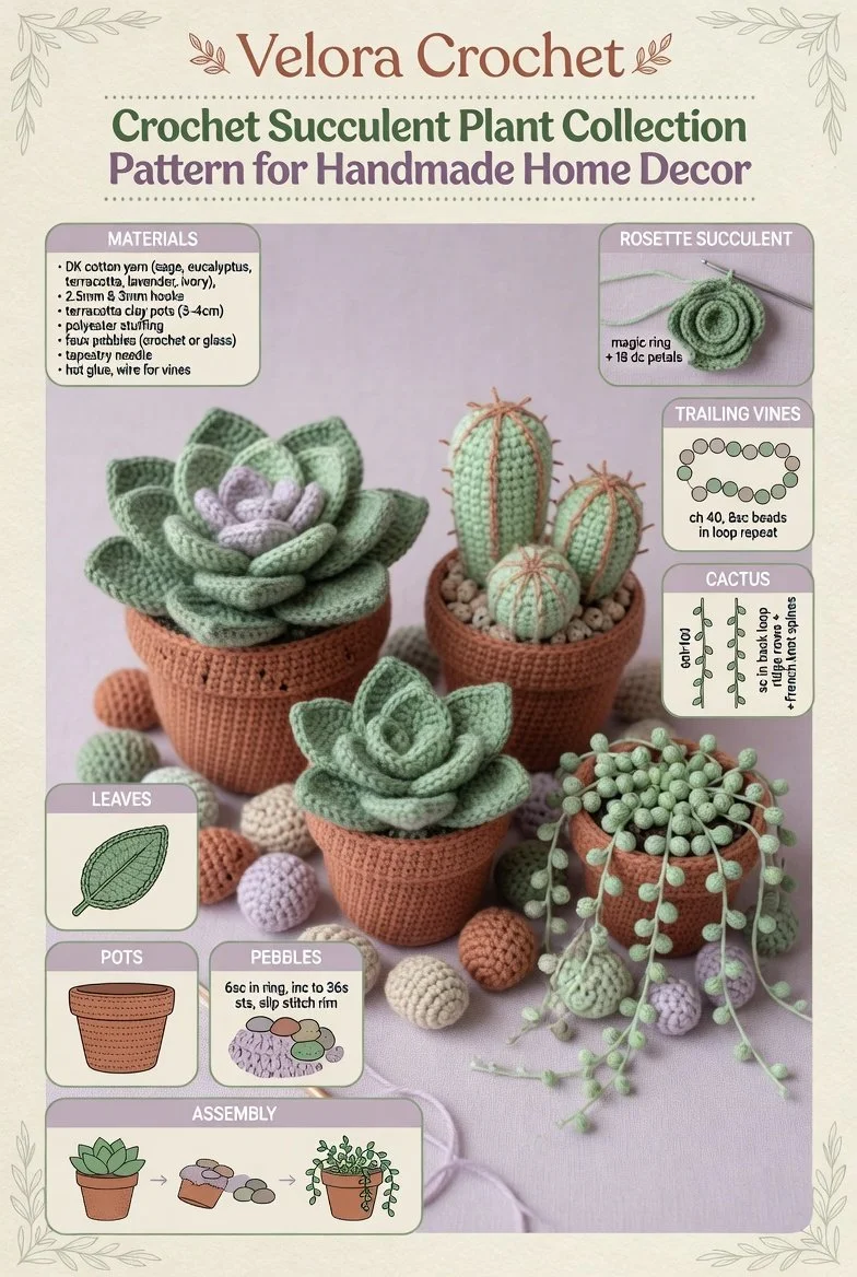 Crochet succulent plant collection pattern for home decor