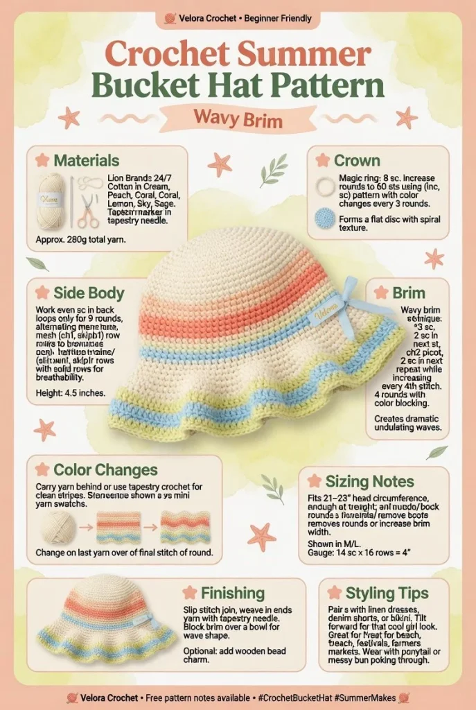 Crochet summer bucket hat pattern with wavy brim design