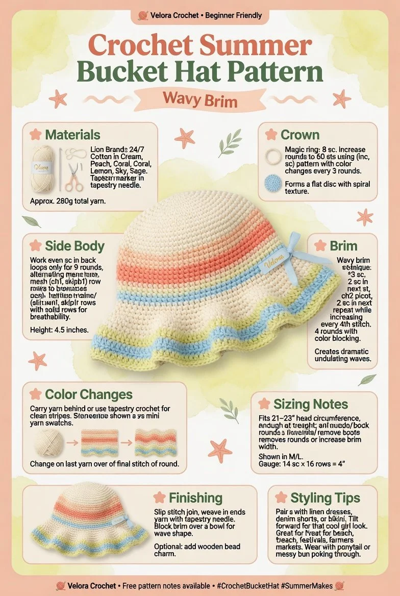 Crochet summer bucket hat pattern with wavy brim design