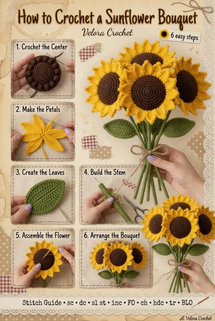 Crochet sunflower bouquet pattern in rustic farmhouse style