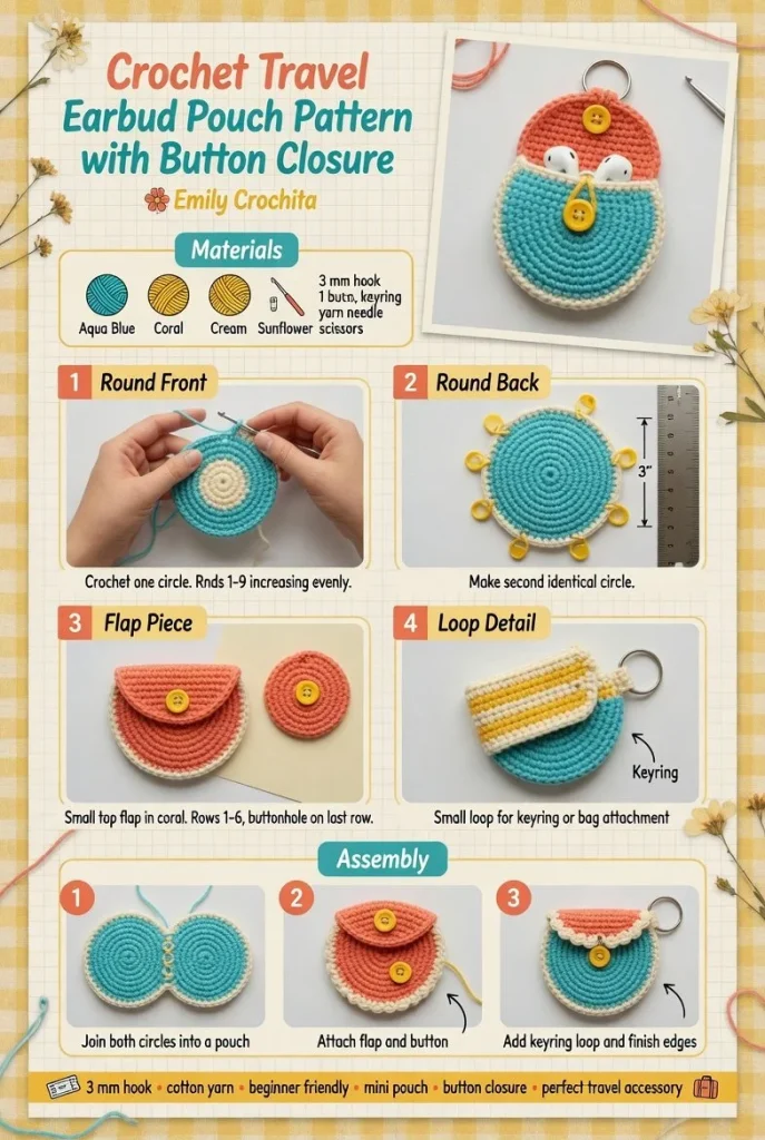 Crochet earbud pouch with button closure, perfect for travel and organization.