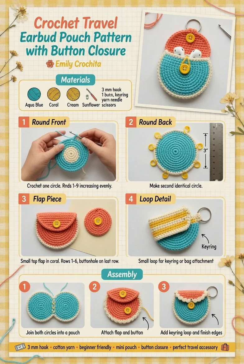 Crochet earbud pouch with button closure, perfect for travel and organization.
