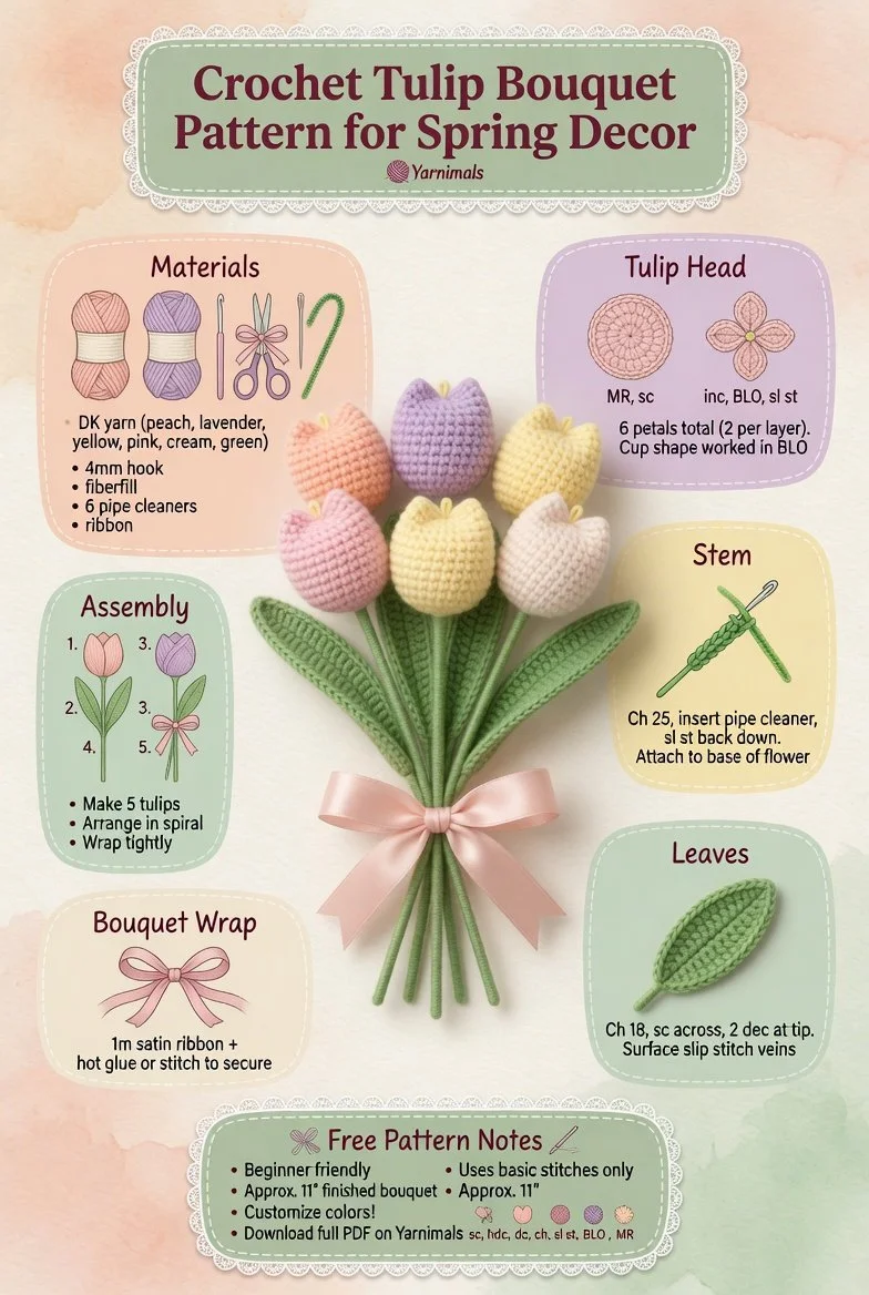 Crochet tulip bouquet in vibrant colors ideal for spring decor