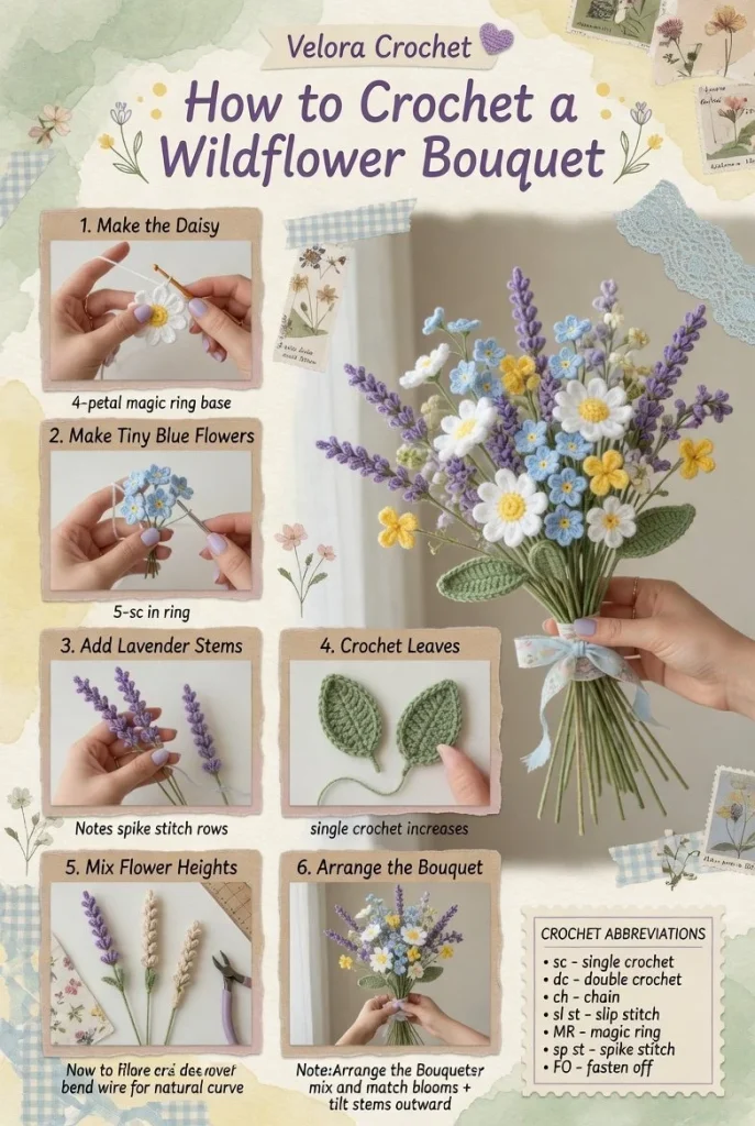 Crochet wildflower bouquet for summer cottagecore decor