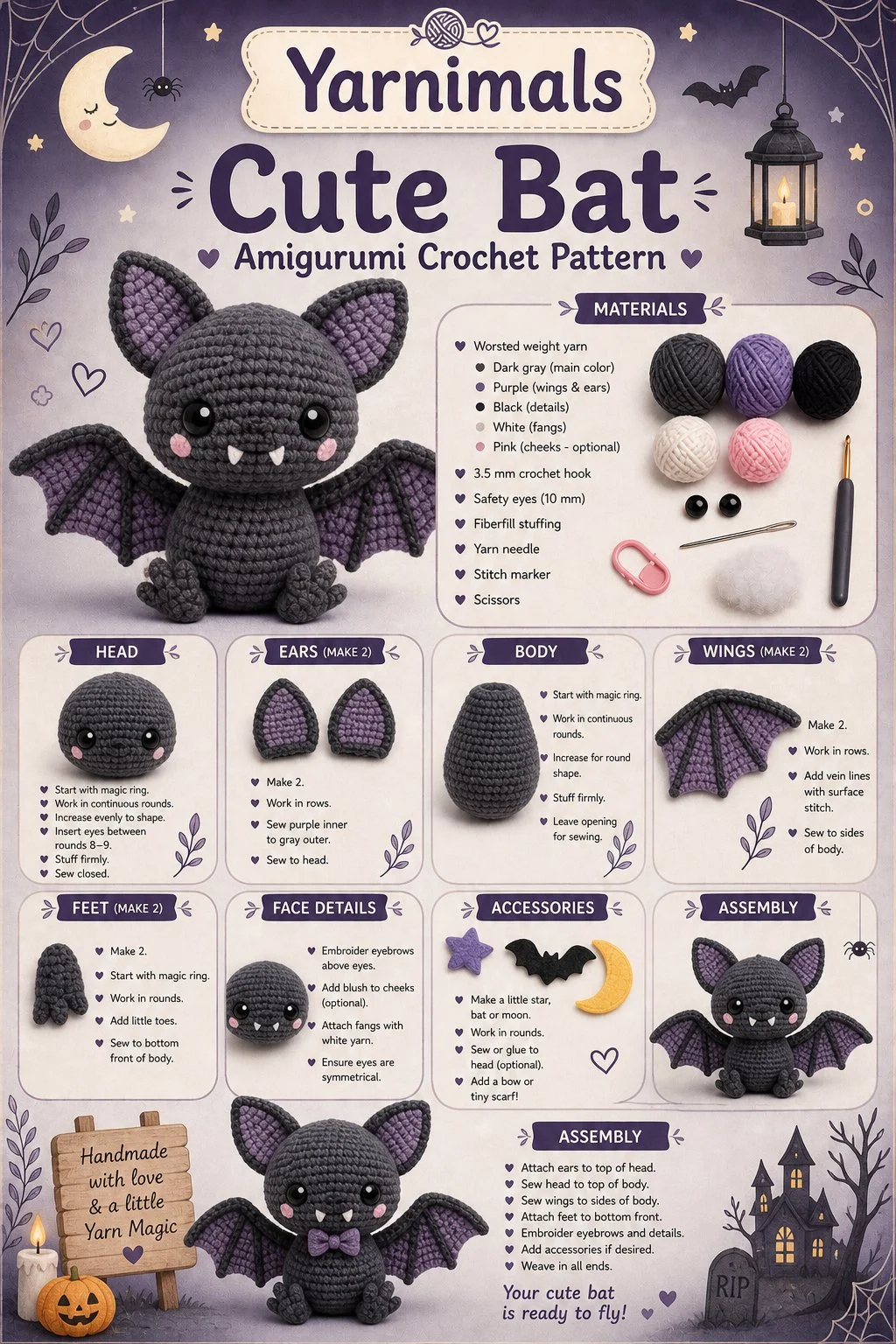 Cute bat amigurumi crochet pattern for Halloween plush toy