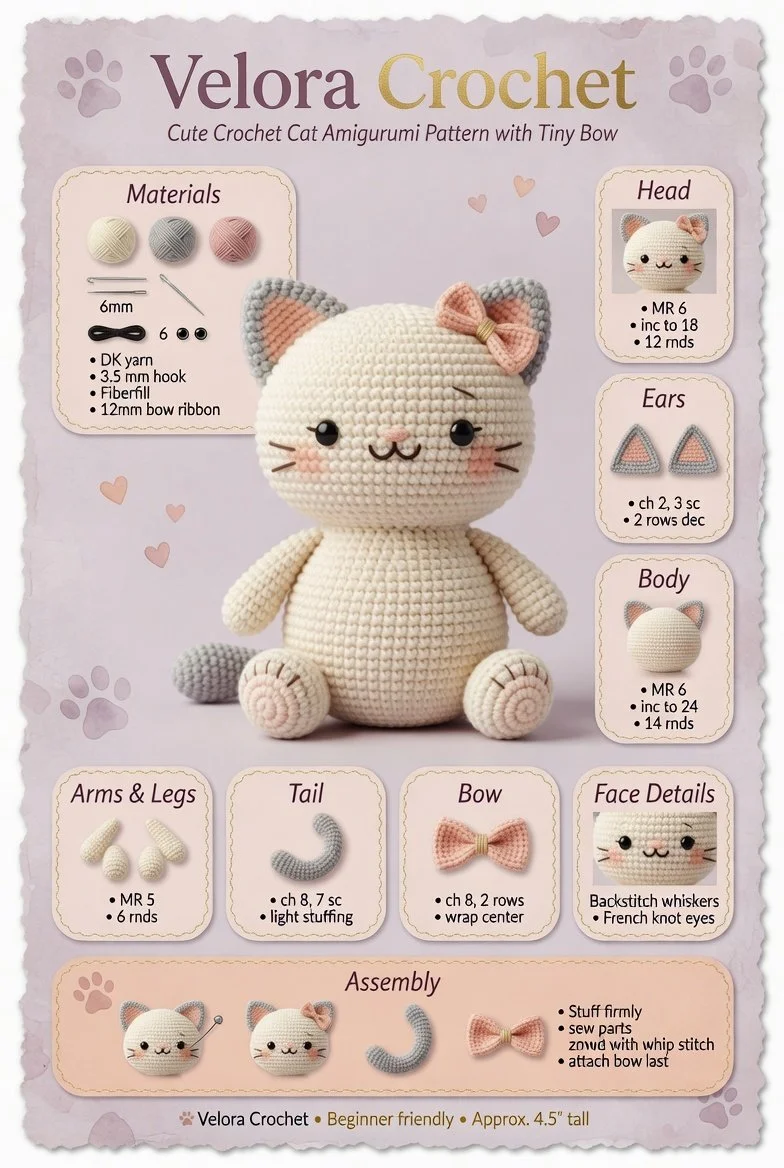 Cute crochet cat amigurumi pattern with a tiny bow for crafting enthusiasts