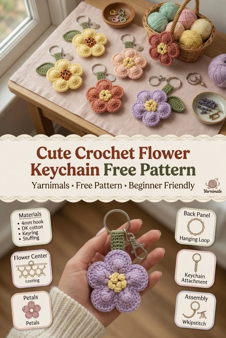 Cute crochet flower keychain pattern for beginners with colorful flowers