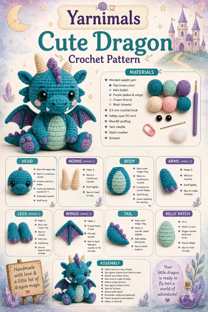 Cute dragon crochet pattern showcasing a magical Amigurumi toy design.