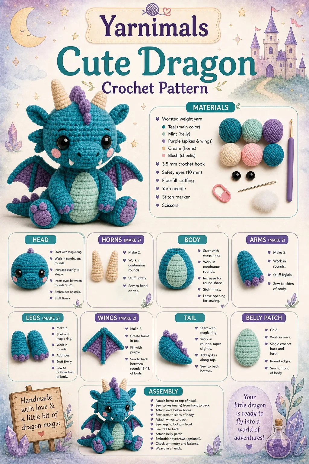 Cute dragon crochet pattern showcasing a magical Amigurumi toy design.