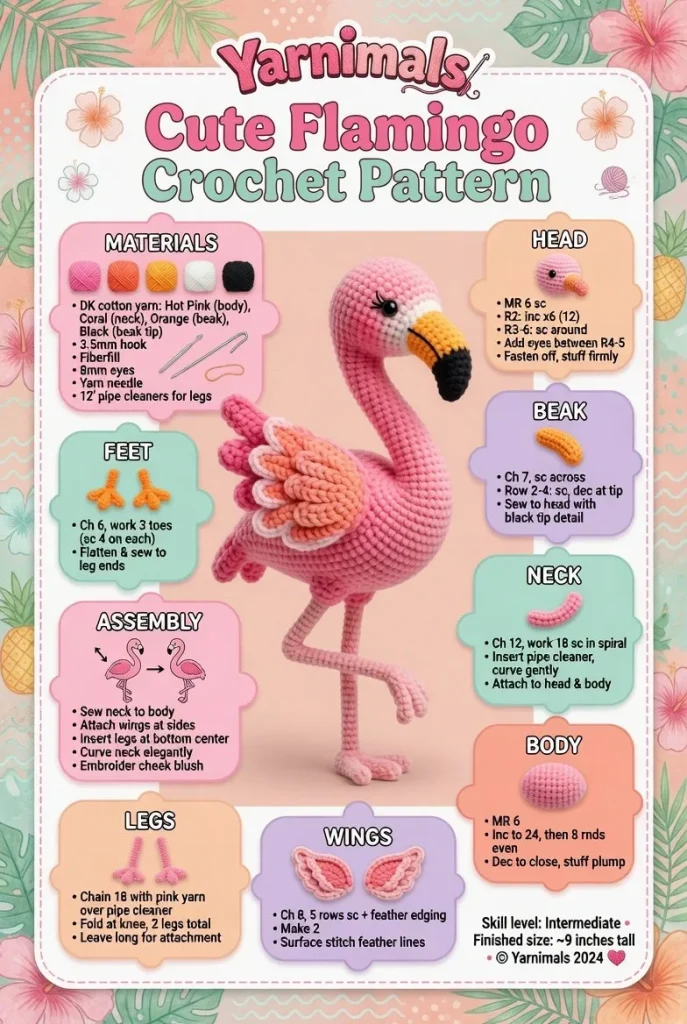 Cute flamingo crochet plush in a tropical design, perfect for amigurumi lovers.