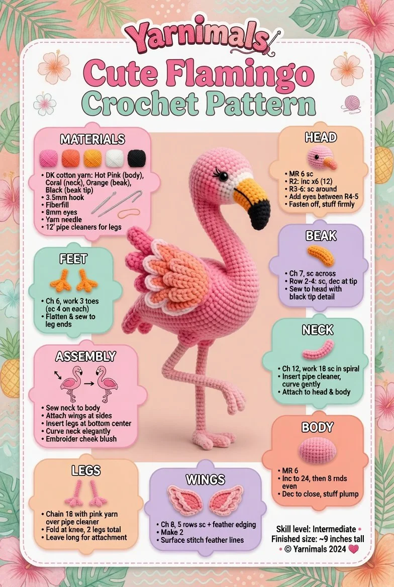 Cute flamingo crochet plush in a tropical design, perfect for amigurumi lovers.