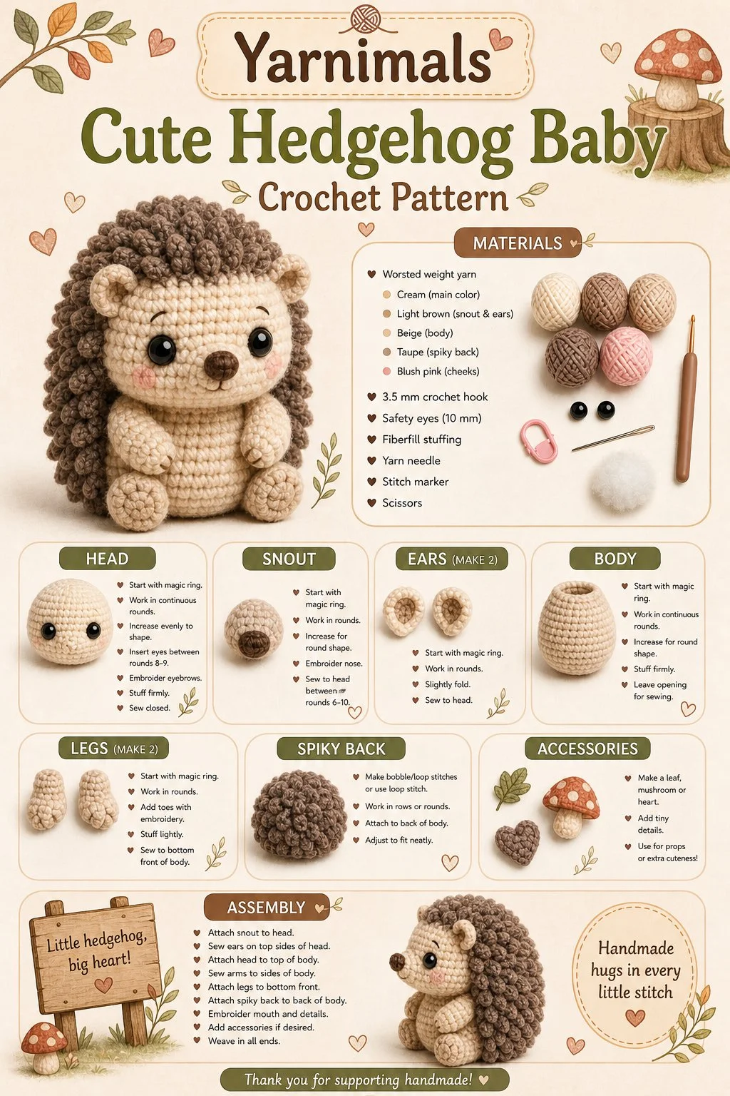 Cute hedgehog plush crochet pattern for mini woodland decor