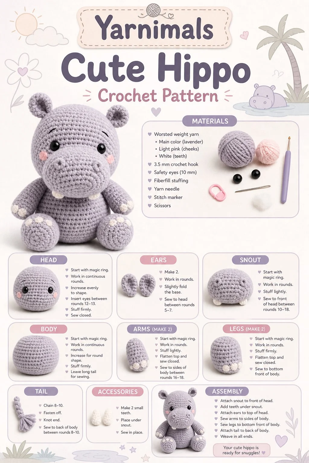 Cute hippo crochet pattern for a round plush amigurumi toy