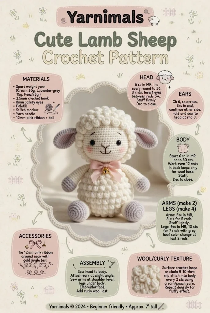 Crochet pattern for a cute soft lamb sheep plush toy