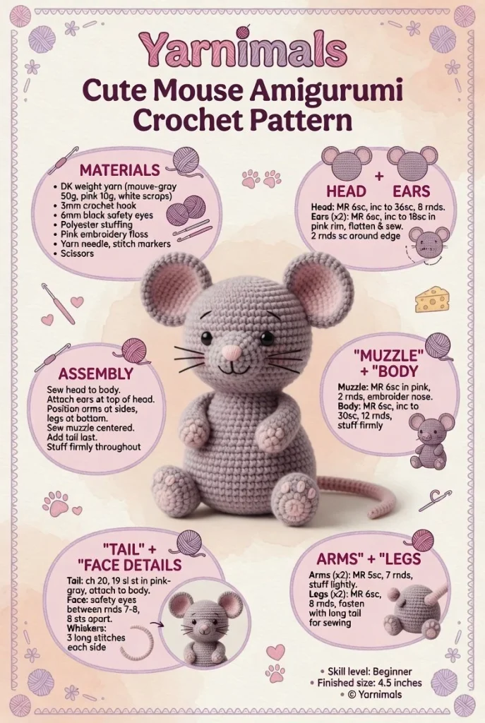 Cute mouse amigurumi crochet pattern for a small pocket plush