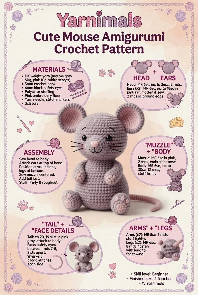 Cute mouse amigurumi crochet pattern for a small pocket plush
