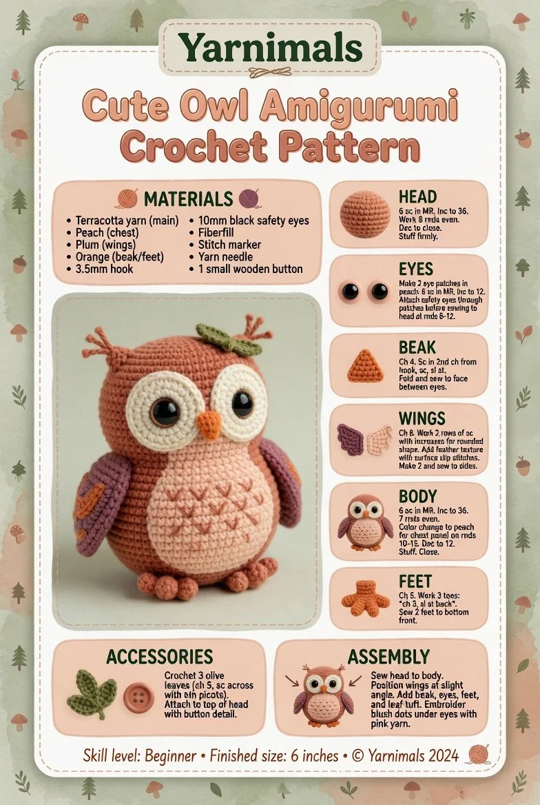 Cute owl amigurumi crochet pattern for a forest plush toy design