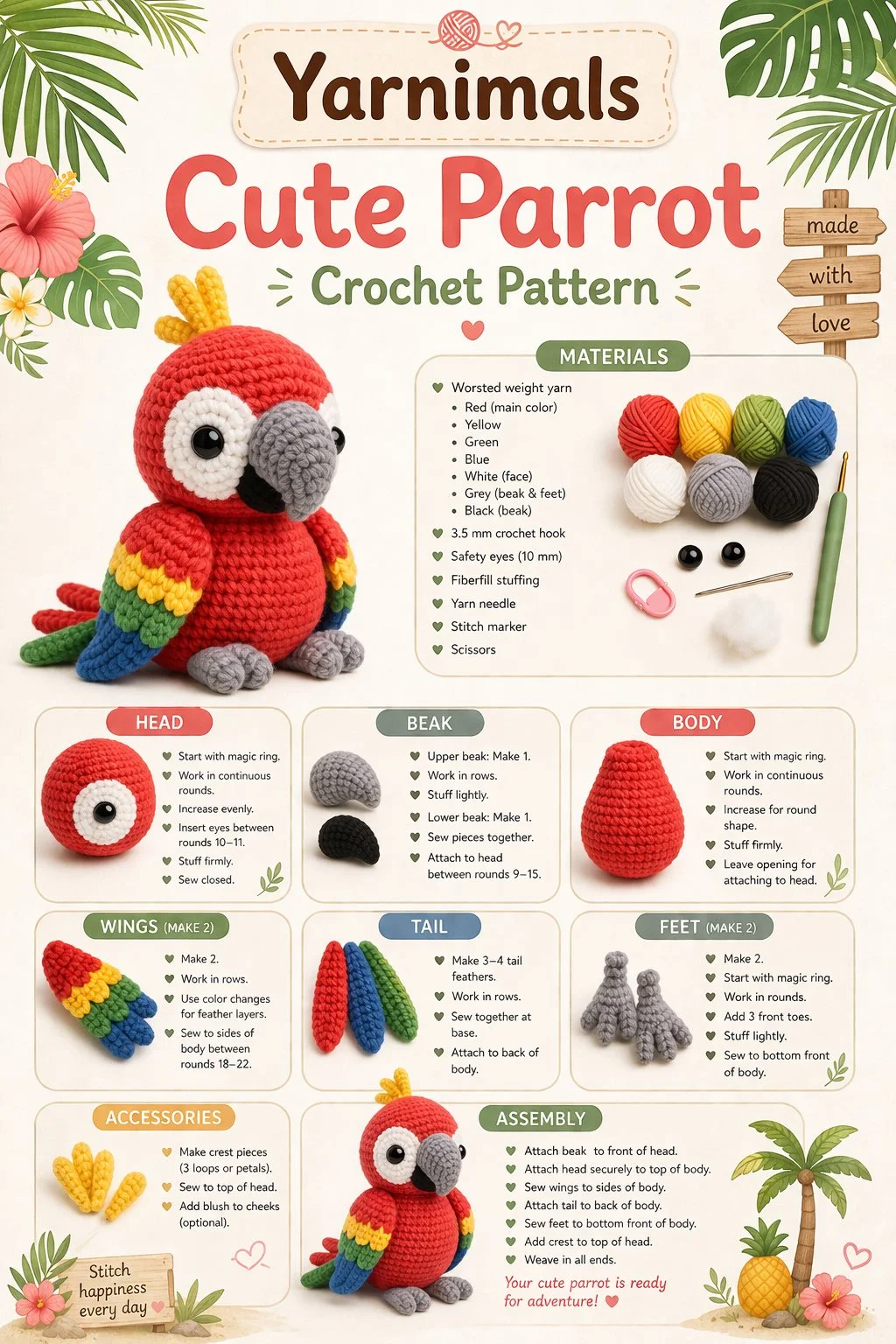 Cute parrot crochet pattern featuring a colorful amigurumi bird design.