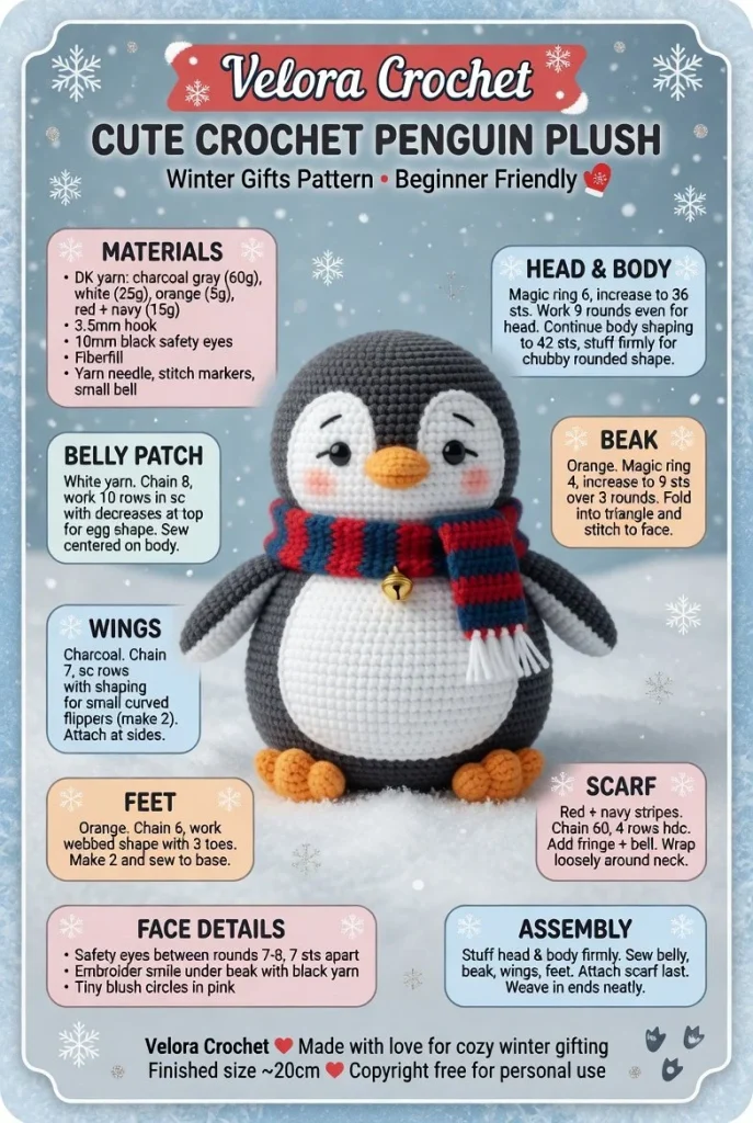 Adorable crochet pattern for a cute penguin plush perfect for winter gifts