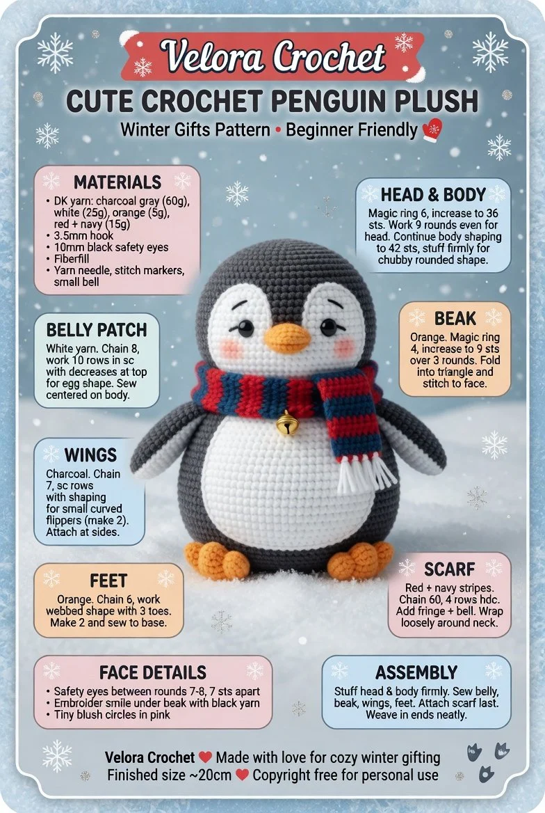 Adorable crochet pattern for a cute penguin plush perfect for winter gifts