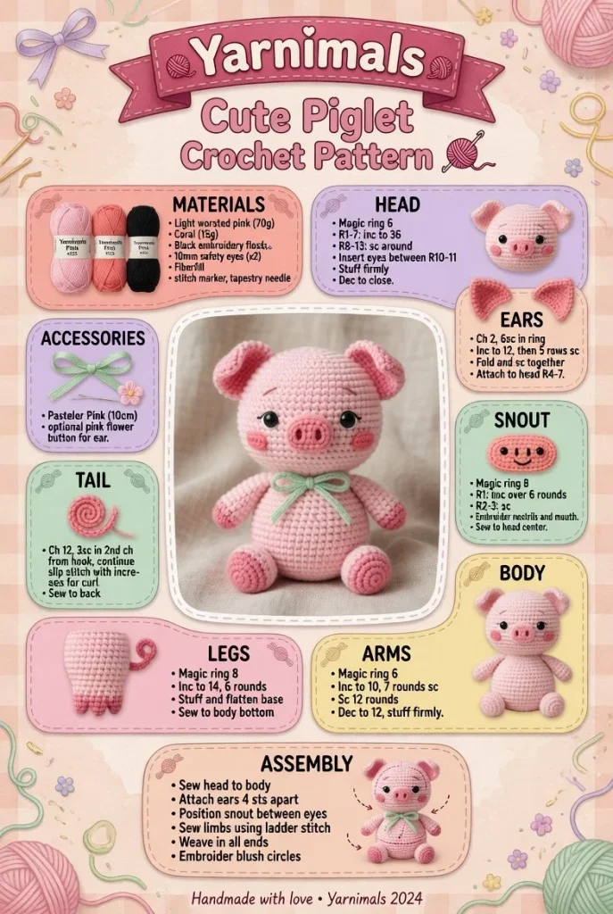 Adorable piglet crochet amigurumi pattern for small farm toy.