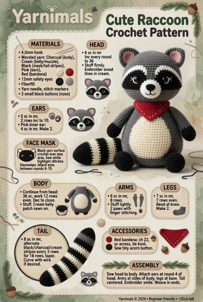 Cute raccoon crochet amigurumi pattern for woodland animal enthusiasts