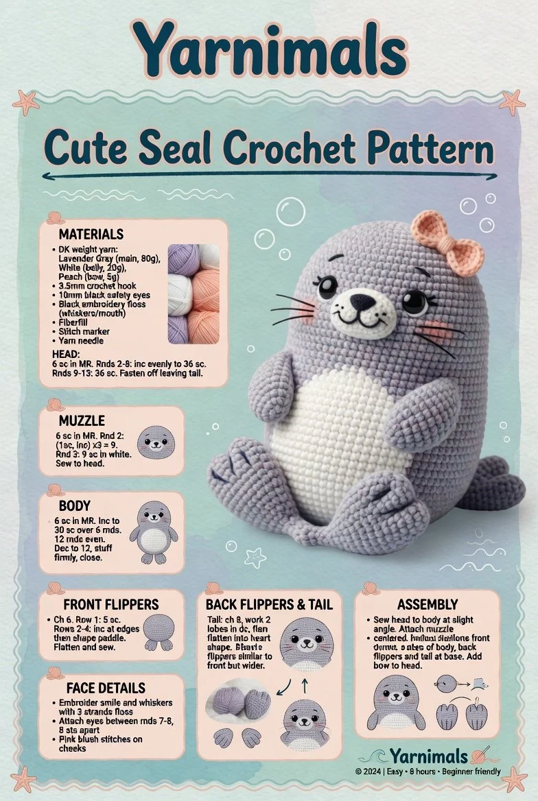 Cute seal crochet pattern for a soft ocean amigurumi toy