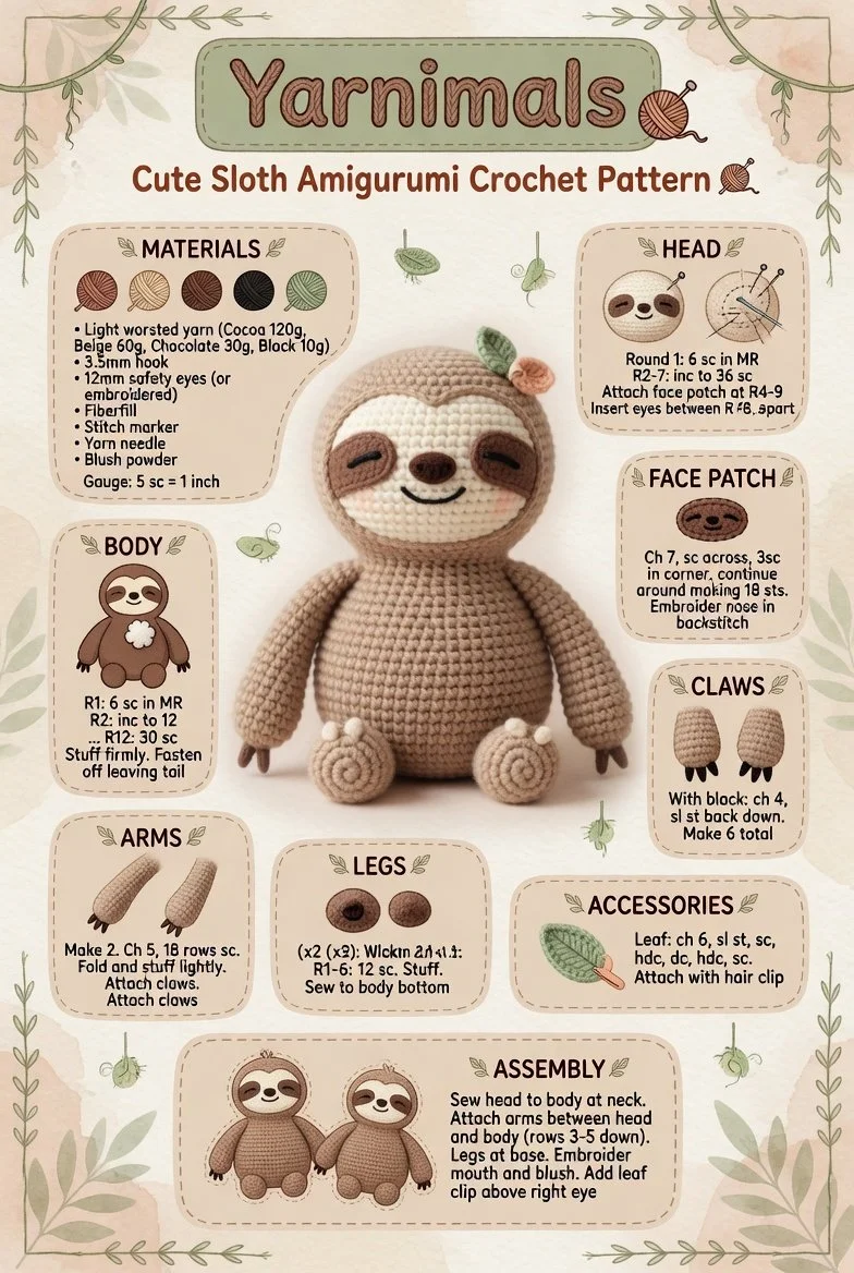 Cute sloth amigurumi crochet plush pattern