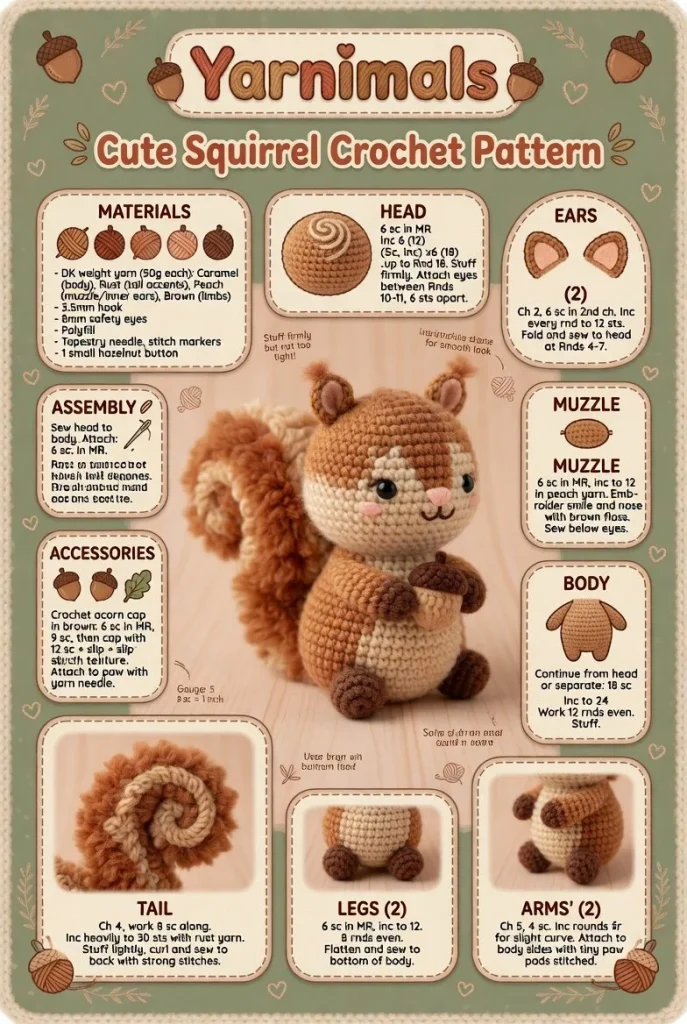 Cute squirrel crochet amigurumi toy pattern for woodland decoration.