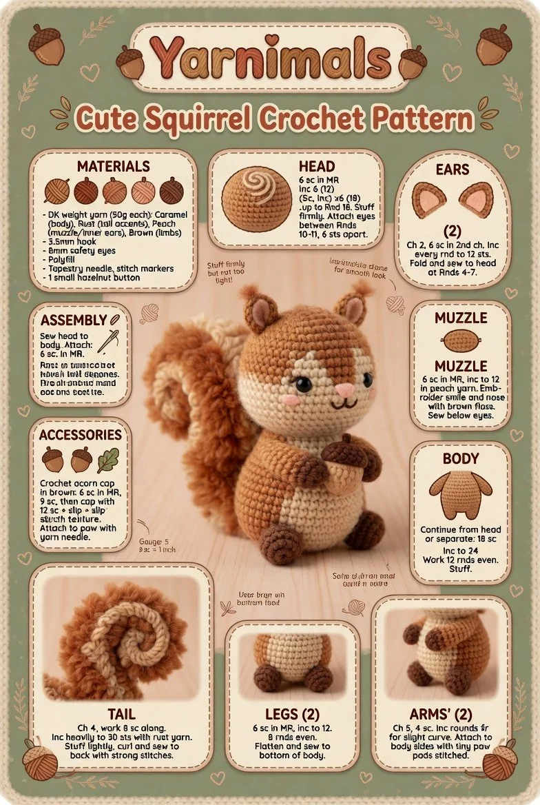 Cute squirrel crochet amigurumi toy pattern for woodland decoration.