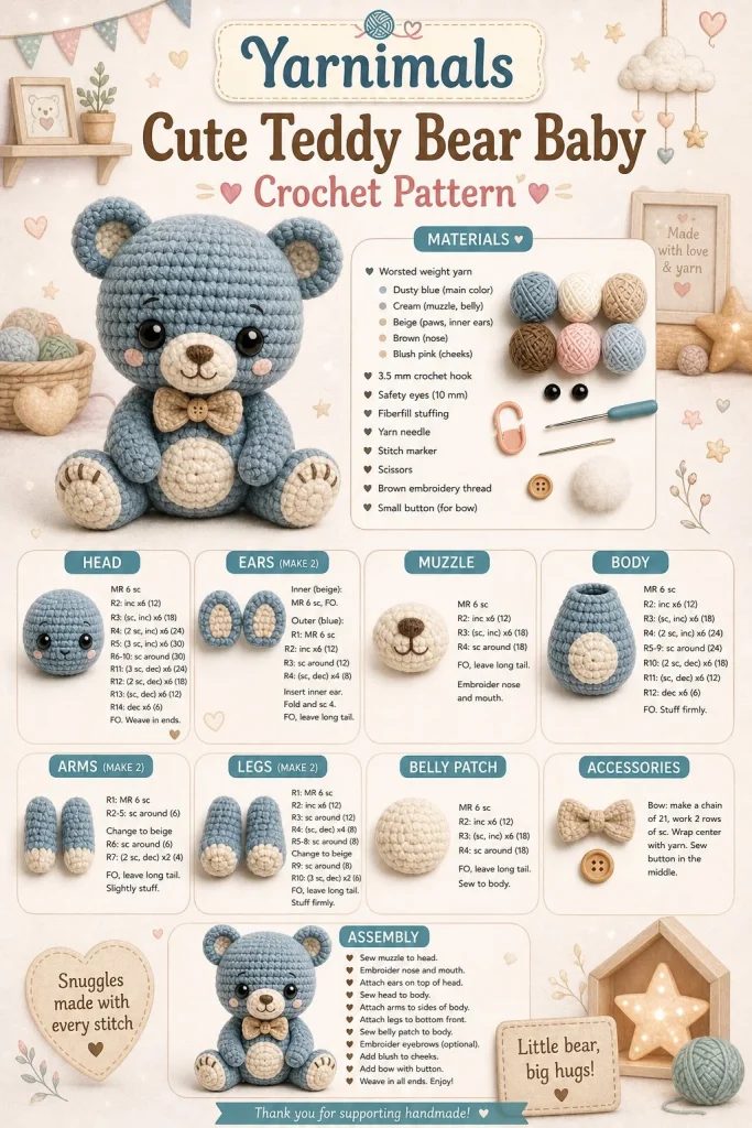 Cute teddy bear crochet pattern for a classic plush toy