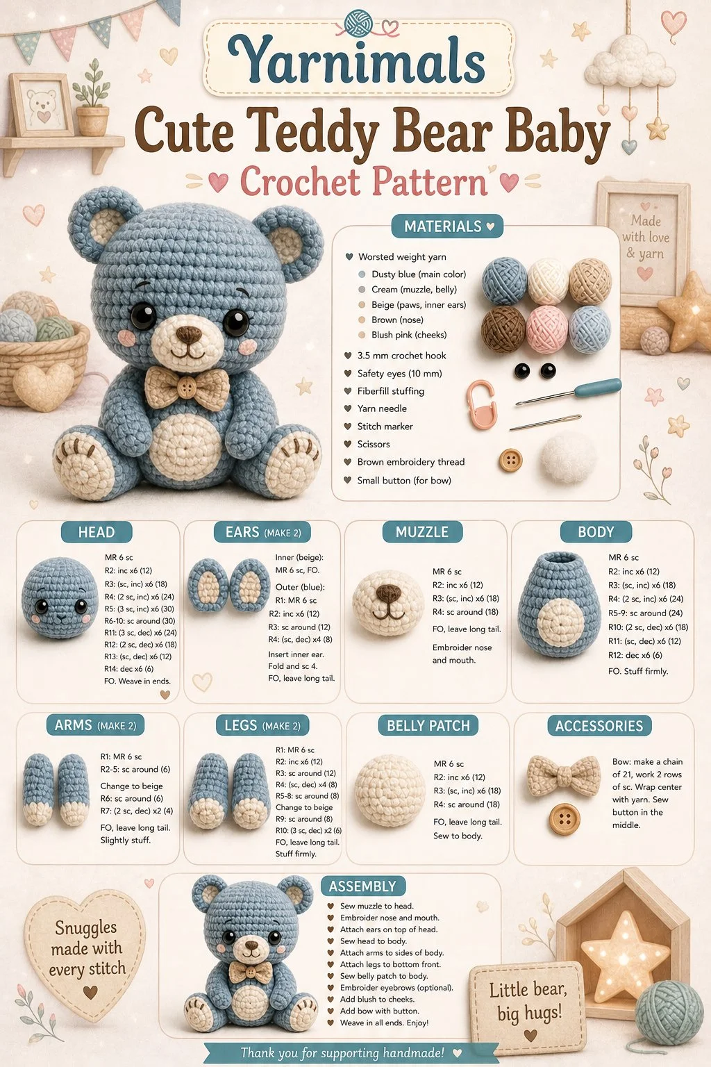 Cute teddy bear crochet pattern for a classic plush toy