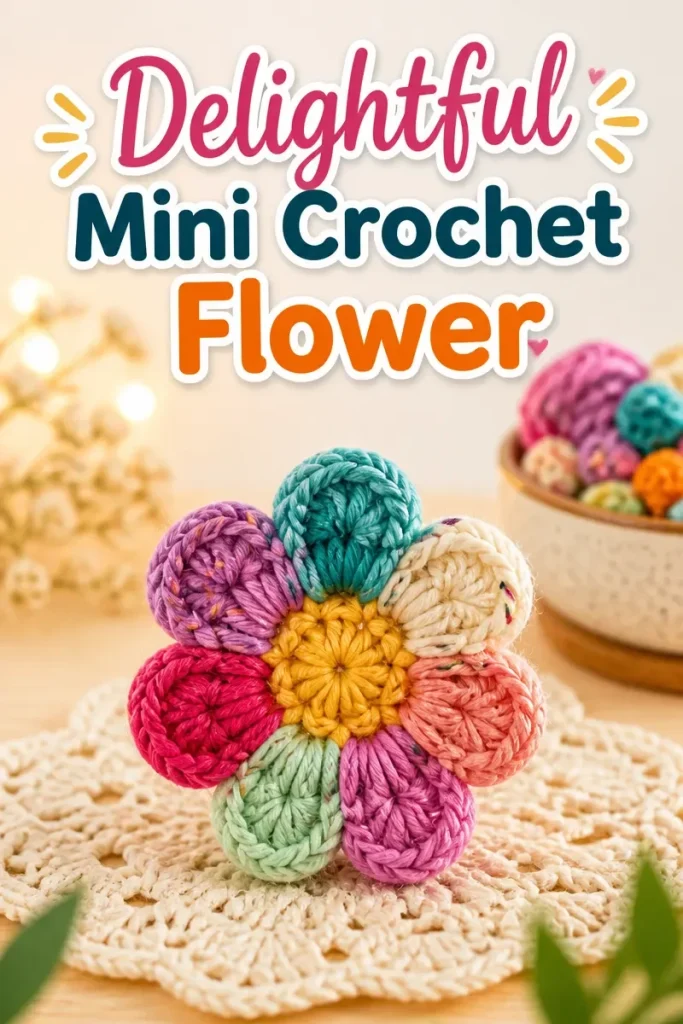 Mini crochet flower made using scrap yarn in bright colors.