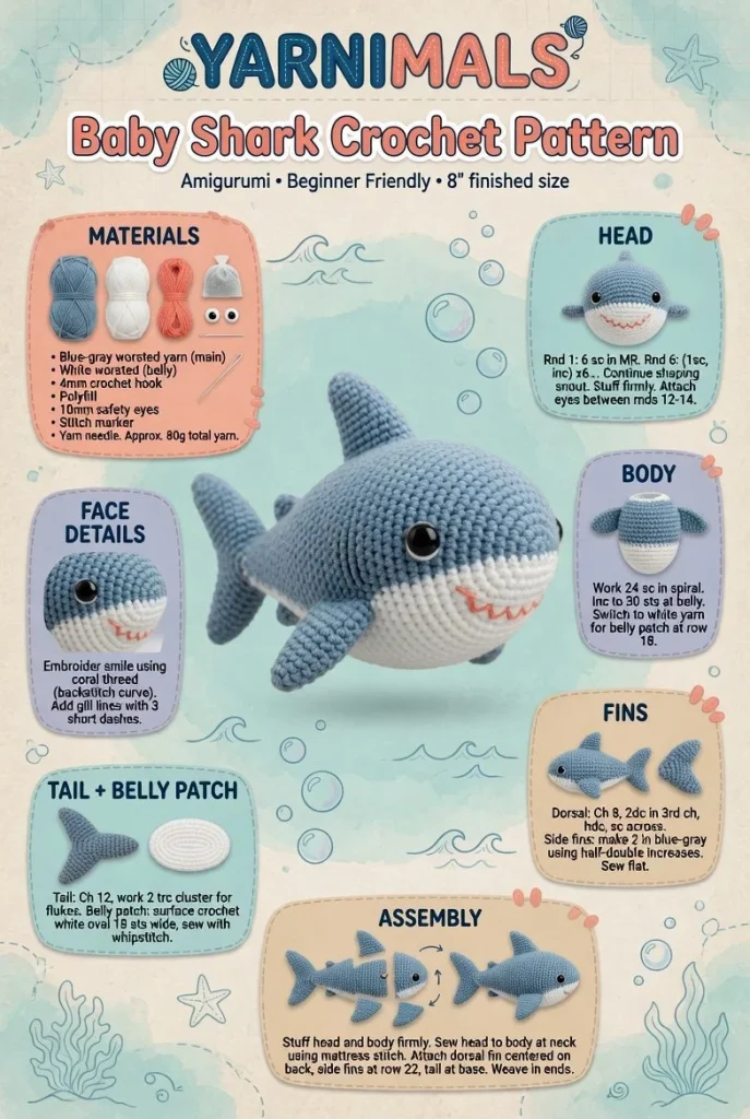 Easy baby shark crochet plush toy pattern for kids and beginners