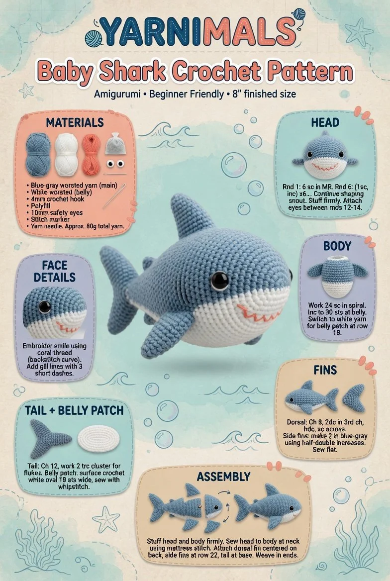 Easy baby shark crochet plush toy pattern for kids and beginners