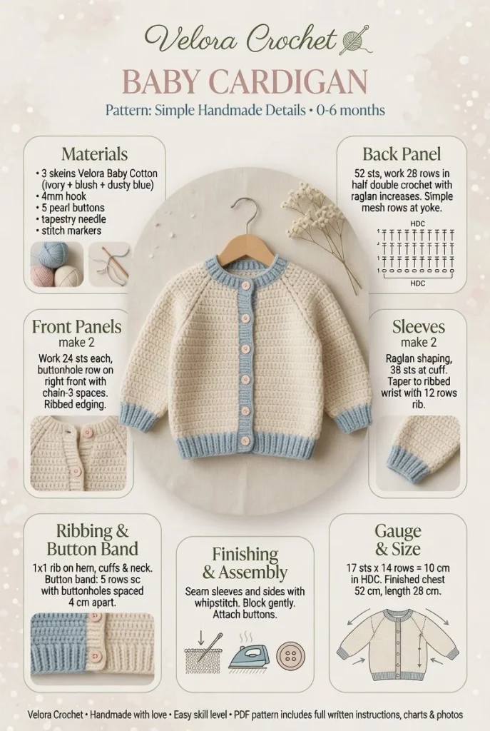 Easy crochet baby cardigan pattern with handmade details for infants.