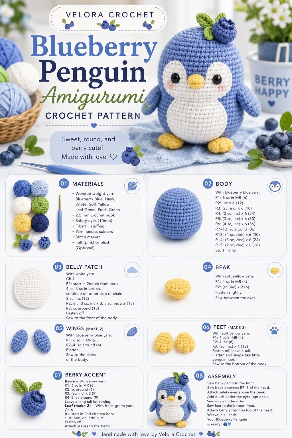 Easy crochet pattern for a blueberry penguin amigurumi toy